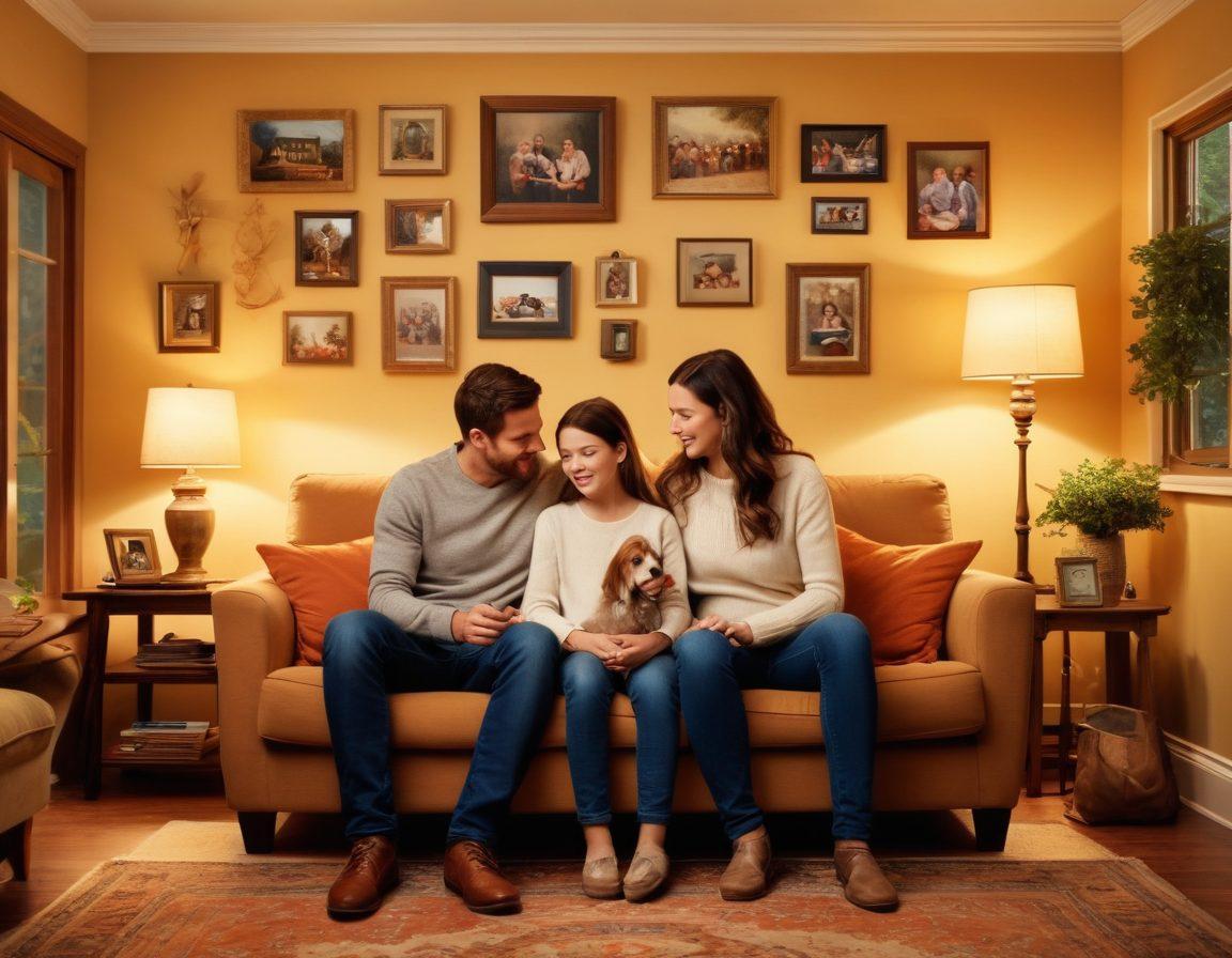 A collage depicting a loving family in a cozy home showcasing their heartfelt emotions, blended with symbols of home security like a padlock, security camera, and insurance paperwork. The background should feature a warm and inviting living room setting, highlighting the juxtaposition of love and protection. Super-realistic. Warm tones. Soft lighting.