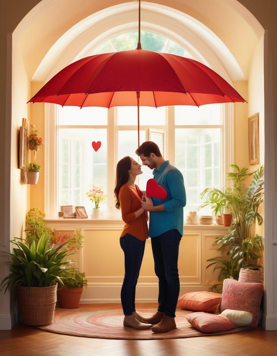 A warm and inviting scene depicting a cozy home with a loving couple embracing, surrounded by symbols of protection like an umbrella, heart-shaped shield, and insurance documents. Illustrate a sense of security and togetherness, with soft sunlight filtering through window plants. The background should subtly blend elements of both love and life insurance, such as hearts and home icons. vibrant colors. 3D.