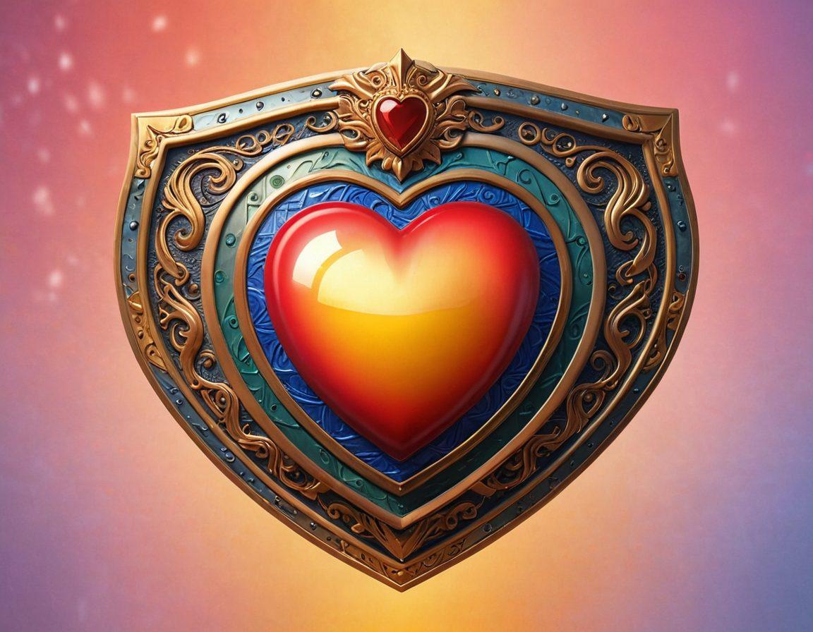 A beautifully designed shield symbolizing protection, filled with elements representing love, like hearts and rings, intertwined with lifelines symbolizing health and security, all against a backdrop of a bright sunrise representing a secure future. The scene should evoke feelings of warmth and safety. super-realistic. vibrant colors. soft gradient background.